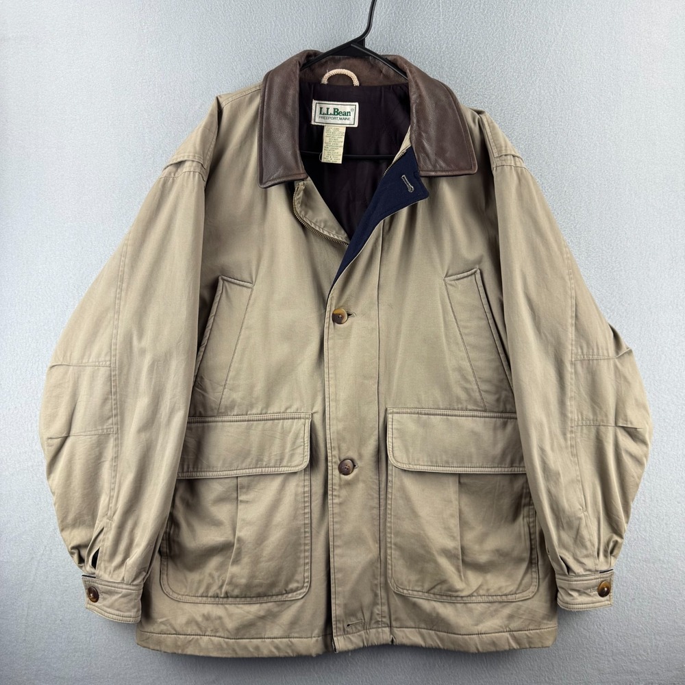 Vintage LL Bean Jacket Mens Large Chore Coat Leather Collar Wool Lined Insulated